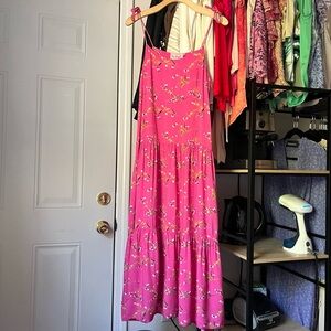 KOS RESORT pink floral viscose tiered sleeveless midi maxi dress